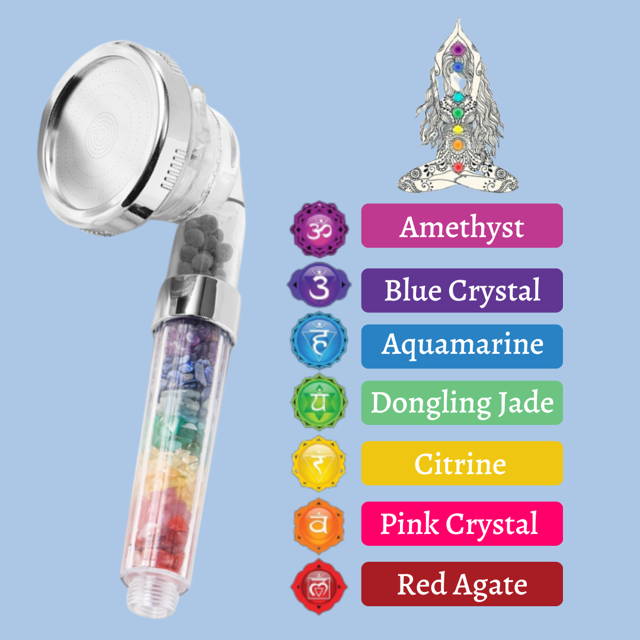 Chakra Crystal Shower Head With 7 Healing Gemstones - Includes Hose & Bracket, Tourmaline Balls, 3 Spray Modes